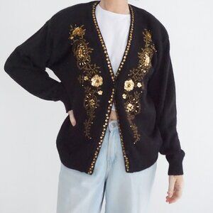 Vintage Alfred Dunner Black Gold Sequin Beaded Floral Embroidered Cardigan L